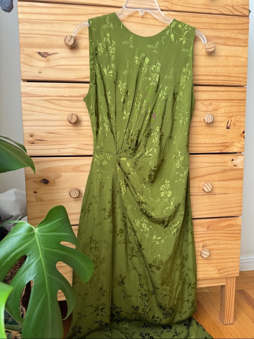 Zara Green Ruched Jacquard Midi Dress Sz S
